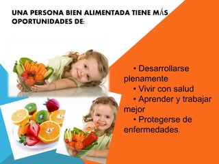 UNA PERSONA BIEN ALIMENTADA TIENE MÁS 
OPORTUNIDADES DE: 
• Desarrollarse 
plenamente 
• Vivir con salud 
• Aprender y trabajar 
mejor 
• Protegerse de 
enfermedades. 
 