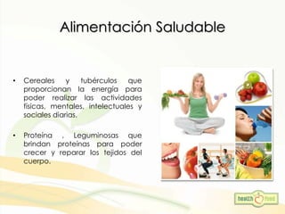 Alimentación Saludable
• Cereales y tubérculos que
proporcionan la energía para
poder realizar las actividades
físicas, mentales, intelectuales y
sociales diarias.
• Proteína , Leguminosas que
brindan proteínas para poder
crecer y reparar los tejidos del
cuerpo.
 