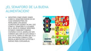 ¿EL SEMAFORO DE LA BUENA
ALIMENTACION?
 NOSOTROS COMO VEMOS SOMOS
COMO EL SEMAFORO BUENO EN UN
CASO SINONOSOTROS NO
MANEJAMOS UNA BUENA
ALIMENTACION ASEMOS UN MAL USO
COMO EL SEMAFORO SI LLEGAMOS
EN EL ROJO ES PORQUE NOSOTROS
ESTAMOS COMIENDO COMIDAS
CHATARAS SI ES EL AMARILLOS SON
COMIDAS QUE SON EN ALTA GRASA Y
SI ES EN EL VERDE ES POR QUE ES O
SON UNA BUENA COMIDA O UNA
BUENA ALIMENTACION NUTRITIVA Y
BUENAS PARA CONSUMIRLAS.
 