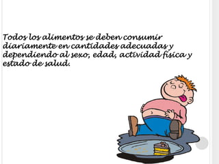 Todos los alimentos se deben consumir diariamente en cantidades adecuadas y dependiendo al sexo, edad, actividad física y estado de salud.