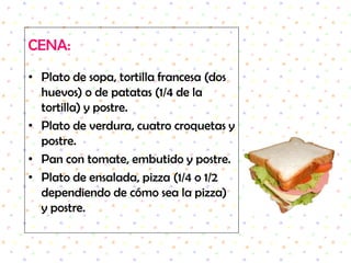 RACIONESrecomendadas por día.La cantidad de alimentos de cada grupo que conviene comer cada día se expresa en forma de raciones. Una ración es la cantidad o porción de alimento adecuada a la capacidad de un plato normal.