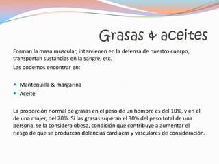 Grasas & aceites
Forman la masa muscular, intervienen en la defensa de nuestro cuerpo,
transportan sustancias en la sangre, etc.
Las podemos encontrar en:

 Mantequilla & margarina
 Aceite


La proporción normal de grasas en el peso de un hombre es del 10%, y en el
de una mujer, del 20%. Si las grasas superan el 30% del peso total de una
persona, se la considera obesa, condición que contribuye a aumentar el
riesgo de que se produzcan dolencias cardíacas y vasculares de consideración.
 