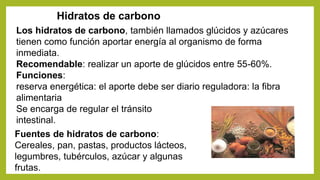 Hidratos de carbono
Los hidratos de carbono, también llamados glúcidos y azúcares
tienen como función aportar energía al organismo de forma
inmediata.
Recomendable: realizar un aporte de glúcidos entre 55-60%.
Funciones:
reserva energética: el aporte debe ser diario reguladora: la fibra
alimentaria
Se encarga de regular el tránsito
intestinal.
Fuentes de hidratos de carbono:
Cereales, pan, pastas, productos lácteos,
legumbres, tubérculos, azúcar y algunas
frutas.
 