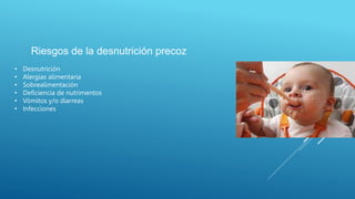 Riesgos de la desnutrición precoz
• Desnutrición
• Alergias alimentaria
• Sobrealimentación
• Deficiencia de nutrimentos
• Vómitos y/o diarreas
• Infecciones
 