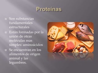    Son substancias
    fundamentales
    estructurales
   Están formadas por la
    unión de otras
    moléculas mas
    simples: aminoácidos
   Se encuentran en los
    alimentos de origen
    animal y las
    legumbres.
 