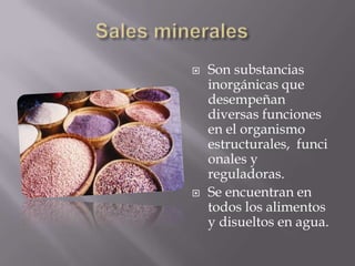    Son substancias
    inorgánicas que
    desempeñan
    diversas funciones
    en el organismo
    estructurales, funci
    onales y
    reguladoras.
   Se encuentran en
    todos los alimentos
    y disueltos en agua.
 
