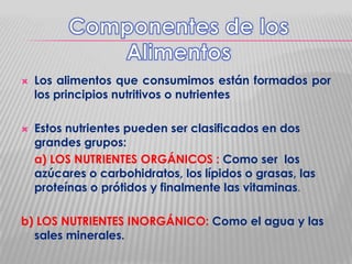 



Los alimentos que consumimos están formados por
los principios nutritivos o nutrientes
Estos nutrientes pueden ser clasificados en dos
grandes grupos:
a) LOS NUTRIENTES ORGÁNICOS : Como ser los
azúcares o carbohidratos, los lípidos o grasas, las
proteínas o prótidos y finalmente las vitaminas.

b) LOS NUTRIENTES INORGÁNICO: Como el agua y las
sales minerales.

 