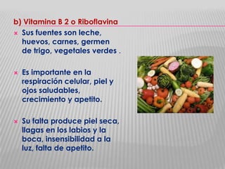 b) Vitamina B 2 o Riboflavina
 Sus fuentes son leche,
huevos, carnes, germen
de trigo, vegetales verdes .




Es importante en la
respiración celular, piel y
ojos saludables,
crecimiento y apetito.

Su falta produce piel seca,
llagas en los labios y la
boca, insensibilidad a la
luz, falta de apetito.

 