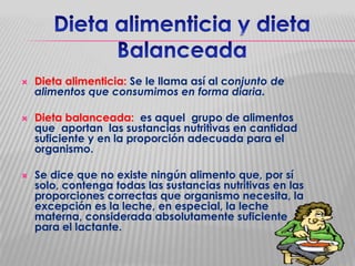 





Dieta alimenticia: Se le llama así al conjunto de
alimentos que consumimos en forma diaria.
Dieta balanceada: es aquel grupo de alimentos
que aportan las sustancias nutritivas en cantidad
suficiente y en la proporción adecuada para el
organismo.
Se dice que no existe ningún alimento que, por sí
solo, contenga todas las sustancias nutritivas en las
proporciones correctas que organismo necesita, la
excepción es la leche, en especial, la leche
materna, considerada absolutamente suficiente
para el lactante.

 