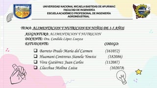 UNIVERSIDAD NACIONAL MICAELABASTIDAS DEAPURIMAC
FACULTAD DE INGENIERÍA
ESCUELAACADÉMICO PROFESIONAL DE INGENIERÍA
AGROINDUSTRIAL
TEMA: ALIMENTACION Y NUTRICION EN NIÑOS DE 1-5 AÑOS
ASIGNATURA: ALIMENTACION Y NUTRICION
DOCENTE: Dra. Candida López Loayza
ESTUDIANTE: CODIGO:
 Barreto Prado María del Carmen (161052)
 Huamani Contreras Sianela Yowiss (182086)
 Vera Gutiérrez Juan Carlos (112087)
 Llacchua Molina Luisa (102078)
 
