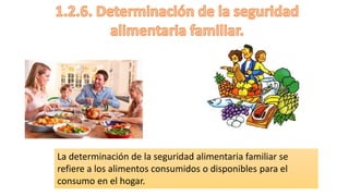 La determinación de la seguridad alimentaria familiar se
refiere a los alimentos consumidos o disponibles para el
consumo en el hogar.
 