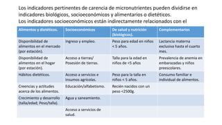 Los indicadores pertinentes de carencia de micronutrientes pueden dividirse en
indicadores biológicos, socioeconómicos y alimentarios o dietéticos.
Los indicadores socioeconómicos están indirectamente relacionados con el
acceso a los alimentos y las condiciones subyacentes de la salud.Alimentos y dietéticos. Socioeconómicos De salud y nutrición
(biológicos).
Complementarios
Disponibilidad de
alimentos en el mercado
(por estación).
Ingreso y empleo. Peso para edad en niños
< 5 años.
Lactancia materna
exclusiva hasta el cuarto
mes.
Disponibilidad de
alimentos en el hogar
(por estación).
Acceso a tierras/
Posesión de tierras.
Talla para la edad en
niños de <5 años
Prevalencia de anemia en
embarazadas y niños
preescolares.
Hábitos dietéticos. Acceso a servicios e
insumos agrícolas.
Peso para la talla en
niños < 5 años.
Consumo familiar e
individual de alimentos.
Creencias y actitudes
acerca de los alimentos.
Educación/alfabetismo. Recién nacidos con un
peso <2500g.
Crecimiento y desarrollo
(talla/edad; Peso/talla).
Agua y saneamiento.
Acceso a servicios de
salud.
 