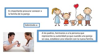 Es importante procurar conocer a
la familia de la pareja
A los padres, hermanos o a la persona que
representa su autoridad ya que cuando una pareja
se casa, establece una relación con la nueva familia.
Sobretodo a:
 