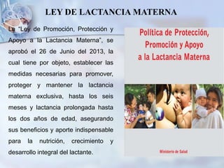 LEY DE LACTANCIA MATERNA
La “Ley de Promoción, Protección y
Apoyo a la Lactancia Materna”, se
aprobó el 26 de Junio del 2013, la
cual tiene por objeto, establecer las
medidas necesarias para promover,
proteger y mantener la lactancia
materna exclusiva, hasta los seis
meses y lactancia prolongada hasta
los dos años de edad, asegurando
sus beneficios y aporte indispensable
para la nutrición, crecimiento y
desarrollo integral del lactante.
 