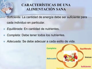 CARACTERÍSTICAS DE UNA
ALIMENTACIÓN SANA
 Suficiente: La cantidad de energía debe ser suficiente para
cada individuo en particular.
 Equilibrada: En cantidad de nutrientes.
 Completa: Debe tener todos los nutrientes.
 Adecuada: Se debe adecuar a cada estilo de vida.
 