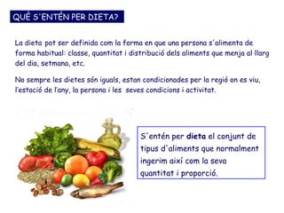 QUÈ S'ENTÉN PER DIETA?


La dieta pot ser definida com la forma en que una persona s'alimenta de
forma habitual: classe, quantitat i distribució dels aliments que menja al llarg
del dia, setmana, etc.

No sempre les dietes són iguals, estan condicionades per la regió on es viu,
l’estació de l’any, la persona i les seves condicions i activitat.




                                       S'entén per dieta el conjunt de
                                       tipus d'aliments que normalment
                                       ingerim així com la seva
                                       quantitat i proporció.
 