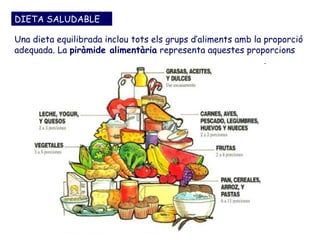 DIETA SALUDABLE

Una dieta equilibrada inclou tots els grups d’aliments amb la proporció
adequada. La piràmide alimentària representa aquestes proporcions
 
