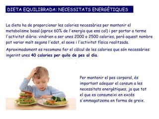 DIETA EQUILIBRADA: NECESSITATS ENERGÈTIQUES


La dieta ha de proporcionar les calories necessàries per mantenir el
metabolisme basal (aprox 60% de l'energia que ens cal) i per portar a terme
l'activitat diària: vindrien a ser unes 2000 o 2500 calories, però aquest nombre
pot variar molt segons l'edat, el sexe i l'activitat física realitzada.
Aproximadament es recomana fer el càlcul de les calories que són necessàries
ingerint unes 40 calories per quilo de pes al dia.




                                        Per mantenir el pes corporal, és
                                        important adequar el consum a les
                                        necessitats energètiques, ja que tot
                                        el que es consumeixi en excés
                                        s'emmagatzema en forma de greix.
 