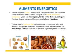 ALIMENTS ENÈRGETICSALIMENTS ENÈRGETICS
• Els que contenen sucres : potenciant el consumd’aliments que contenen
sucres d’absorció lenta —també coneguts com hidrats de carbonisucres d absorció lenta —també coneguts com hidrats de carboni
complexos—, com ara elpa, la pasta, l’arròs, el blat de moro, els llegums
(llenties, cigrons, mongetes blanques, soja i pèsols) i la patata. 
• Els que aporten greixos o lípis: cal incloure de forma regular a la dieta 
aliments amb greixos insaturats, els queconsideren més saludables; l’olialiments amb greixos insaturats, els queconsideren més saludables; l oli
d’oliva verge i la fruita seca són els pilars en el grup de greixos saludables. 
 