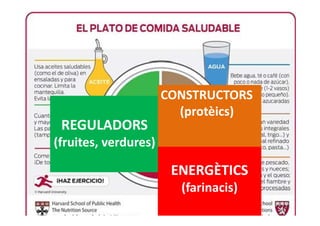CONSTRUCTORS
(protèics)
REGULADORS
(f it d )
(protèics)
(fruites, verdures)
ÈENERGÈTICS
(farinacis)(farinacis)
 