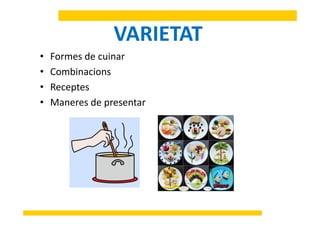 VARIETATVARIETAT
• Formes de cuinar
• Combinacions
• Receptes• Receptes
• Maneres de presentar
 