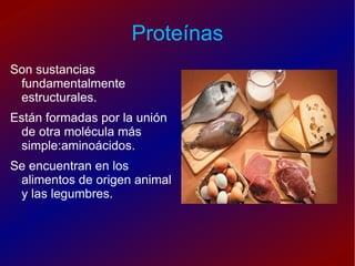 Proteínas
Son sustancias
 fundamentalmente
 estructurales.
Están formadas por la unión
 de otra molécula más
 simple:aminoácidos.
Se encuentran en los
 alimentos de origen animal
 y las legumbres.
 