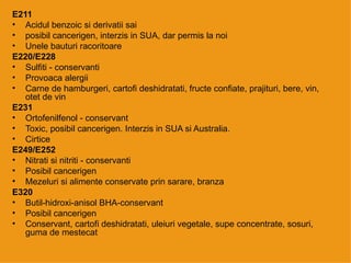 E211 Acidul benzoic si derivatii sai posibil cancerigen, interzis in SUA, dar permis la noi  Unele bauturi racoritoare E220/E228 Sulfiti - conservanti  Provoaca alergii  Carne de hamburgeri, cartofi deshidratati, fructe confiate, prajituri, bere, vin, otet de vin  E231  Ortofenilfenol - conservant  Toxic, posibil cancerigen. Interzis in SUA si Australia.  Cirtice E249/E252 Nitrati si nitriti - conservanti  Posibil cancerigen  Mezeluri si alimente conservate prin sarare, branza  E320 Butil-hidroxi-anisol BHA-conservant  Posibil cancerigen  Conservant, cartofi deshidratati, uleiuri vegetale, supe concentrate, sosuri, guma de mestecat  