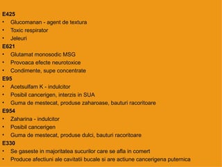 E425 Glucomanan - agent de textura  Toxic respirator  Jeleuri E621 Glutamat monosodic MSG  Provoaca efecte neurotoxice Condimente, supe concentrate  E95 Acetsulfam K - indulcitor  Posibil cancerigen, interzis in SUA  Guma de mestecat, produse zaharoase, bauturi racoritoare E954 Zaharina - indulcitor  Posibil cancerigen  Guma de mestecat, produse dulci, bauturi racoritoare E330 Se gaseste in majoritatea sucurilor care se afla in comert Produce afectiuni ale cavitatii bucale si are actiune cancerigena puternica 