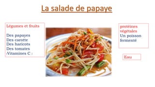 La salade de papaye
Légumes et fruits
Des papayes
Des carotte
Des haricots
Des tomates
(Vitamines C )
protéines
végétales
Un poisson
fermenté
Eau
 