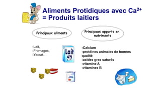 Aliments Protidiques avec Ca2+
= Produits laitiers
Principaux aliments
-Lait,
-Fromages,
-Yaourt…
Principaux apports en
nutriments
-Calcium
-protéines animales de bonnes
qualité
-acides gras saturés
-vitamine A
-vitamines B
 
