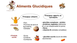 Aliments Glucidiques
Principaux aliments
Féculents
-Pain,
-Pommes de terre et
équivalents,
-Céréales
Principaux apports en
nutriments
- glucides complexes : amidon
- protéines végétales (déficiente
en un aa indispensable la lysine)
- fibres
- vitamine B (céréales complètes)
Produits
sucrés
-Sucre,
-Confiture,
-Confiseries
- glucides sucrés (sucre de table
saccharose)
 