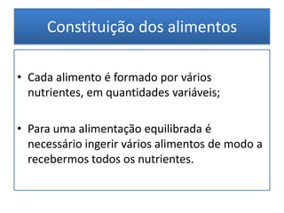 Constituição dos alimentosConstituídos por diferentes substâncias – Nutrientes:Proteínas (carne, peixe e ovos)Glícidos (arroz, massa, pão, batatas, grãos)Lípidos (óleos, frutos secos, manteiga)Sais minerais (vegetais, fruta, peixe, lacticínios)Vitaminas (fruta e vegetais)Fibras (fruta, cereais, vegetais)Água