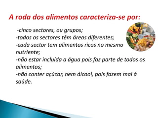     -cinco sectores, ou grupos;-todos os sectores têm áreas diferentes;-cada sector tem alimentos ricos no mesmo nutriente;-não estar incluída a água pois faz parte de todos os alimentos;-não conter açúcar, nem álcool, pois fazem mal à saúde.A roda dos alimentos caracteriza-se por: