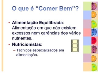 A Nova Roda dos Alimentos ensina a ter uma alimentação:Completa – ingerir alimentos de todos os grupos e beber água diariamente.Equilibrada  - ingerir o número de porções recomendado.Variada – consumir alimentos diferentes dentro de cada grupo.