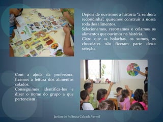 Depois de ouvirmos a história “a senhora redondinha”, quisemos construir a nossa roda dos alimentos.Selecionamos, recortamos e colamos os alimentos que ouvimos na história.Claro que as bolachas, os sumos, os chocolates não fizeram parte desta seleção.Com a ajuda da professora, fizemos a leitura dos alimentos colados.Conseguimos identifica-los e dizer o nome do grupo a que pertenciamJardim de Infância Calçada Vermil