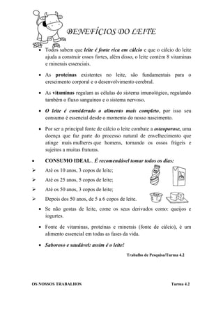 BENEFÍCIOS DO LEITE
     Todos sabem que leite é fonte rica em cálcio e que o cálcio do leite
      ajuda a construir ossos fortes, além disso, o leite contém 8 vitaminas
      e minerais essenciais.

     As proteínas existentes no leite, são fundamentais para o
      crescimento corporal e o desenvolvimento cerebral.

     As vitaminas regulam as células do sistema imunológico, regulando
      também o fluxo sanguíneo e o sistema nervoso.

     O leite é considerado o alimento mais completo, por isso seu
      consumo é essencial desde o momento do nosso nascimento.

     Por ser a principal fonte de cálcio o leite combate a osteoporose, uma
      doença que faz parte do processo natural de envelhecimento que
      atinge mais mulheres que homens, tornando os ossos frágeis e
      sujeitos a muitas fraturas.

      CONSUMO IDEAL., É recomendável tomar todos os dias:
      Até os 10 anos, 3 copos de leite;
      Até os 25 anos, 5 copos de leite;
      Até os 50 anos, 3 copos de leite;
      Depois dos 50 anos, de 5 a 6 copos de leite.
     Se não gostas de leite, come os seus derivados como: queijos e
      iogurtes.

     Fonte de vitaminas, proteínas e minerais (fonte de cálcio), é um
      alimento essencial em todas as fases da vida.

     Saboroso e saudável: assim é o leite!
                                              Trabalho de Pesquisa/Turma 4.2




OS NOSSOS TRABALHOS                                                  Turma 4.2
 