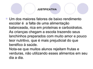 JUSTIFICATIVA


   Um dos maiores fatores de baixo rendimento
    escolar é a falta de uma alimentação
    balanceada, rica em proteínas e carboidratos.
    As crianças chegam a escola trazendo seus
    lanchinhos preparados com muito amor e pouco
    teor nutritivo, que é mais prejudicial do que
    benéfico à saúde.
    Nota-se que muitos alunos rejeitam frutas e
    verduras, não utilizando esses alimentos em seu
    dia a dia.
 