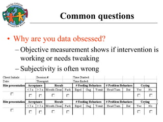 Common questions
• Why are you data obsessed?
– Objective measurement shows if intervention is
working or needs tweaking
– Subjectivity is often wrong
 