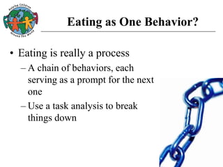Eating as One Behavior?
• Eating is really a process
– A chain of behaviors, each
serving as a prompt for the next
one
– Use a task analysis to break
things down
 