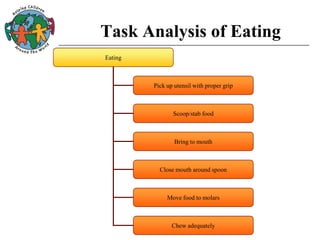 Task Analysis of Eating
Eating
Pick up utensil with proper grip
Scoop/stab food
Bring to mouth
Close mouth around spoon
Chew adequately
Move food to molars
 