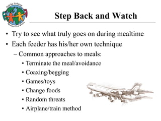 Step Back and Watch
• Try to see what truly goes on during mealtime
• Each feeder has his/her own technique
– Common approaches to meals:
• Terminate the meal/avoidance
• Coaxing/begging
• Games/toys
• Change foods
• Random threats
• Airplane/train method
 