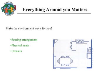 Everything Around you Matters
Make the environment work for you!
•Seating arrangement
•Physical seats
•Utensils
 