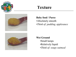 Texture
Baby food / Puree
•Absolutely smooth
•Think of: pudding, applesauce
Wet Ground
•Small lumps
•Relatively liquid
•Think of: soupy oatmeal
 