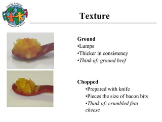 Texture
Ground
•Lumps
•Thicker in consistency
•Think of: ground beef
Chopped
•Prepared with knife
•Pieces the size of bacon bits
•Think of: crumbled feta
cheese
 