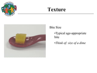 Texture
Bite Size
•Typical age-appropriate
bite
•Think of: size of a dime
 