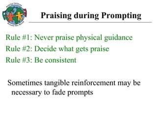 Praising during Prompting
Rule #1: Never praise physical guidance
Rule #2: Decide what gets praise
Rule #3: Be consistent
Sometimes tangible reinforcement may be
necessary to fade prompts
 