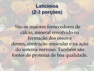 São os maiores fornecedores de
cálcio, mineral envolvido na
formação dos ossos e
dentes, contração muscular e na ação
do sistema nervoso. Também são
fontes de proteína de boa qualidade.

 