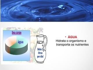 • ÁGUA
Hidrata o organismo e
transporta os nutrientes
 