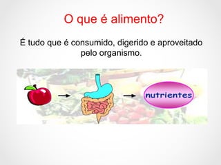O que é alimento?
É tudo que é consumido, digerido e aproveitado
pelo organismo.
 
