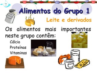 Alimentos do Grupo 1
             Leite e derivados
Os alimentos mais importantes
neste grupo contêm:
 Cálcio
 Proteínas
 Vitaminas
 